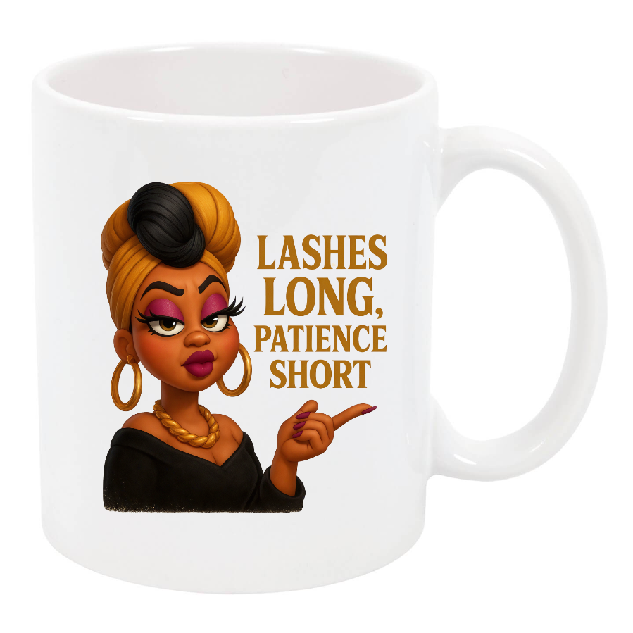 Golden Diva Mug – “Lashes Long, Patience Short” (White Glossy)