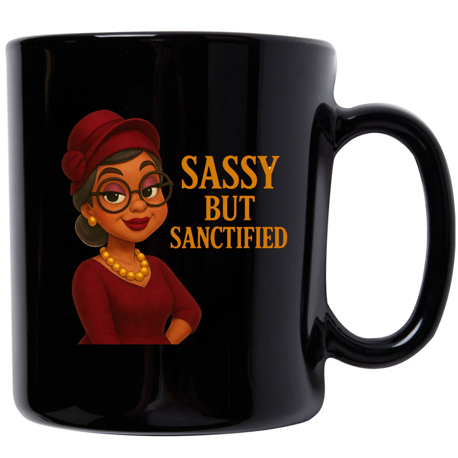 Golden Diva Mug – “Sassy but Sanctified” (Black Glossy)