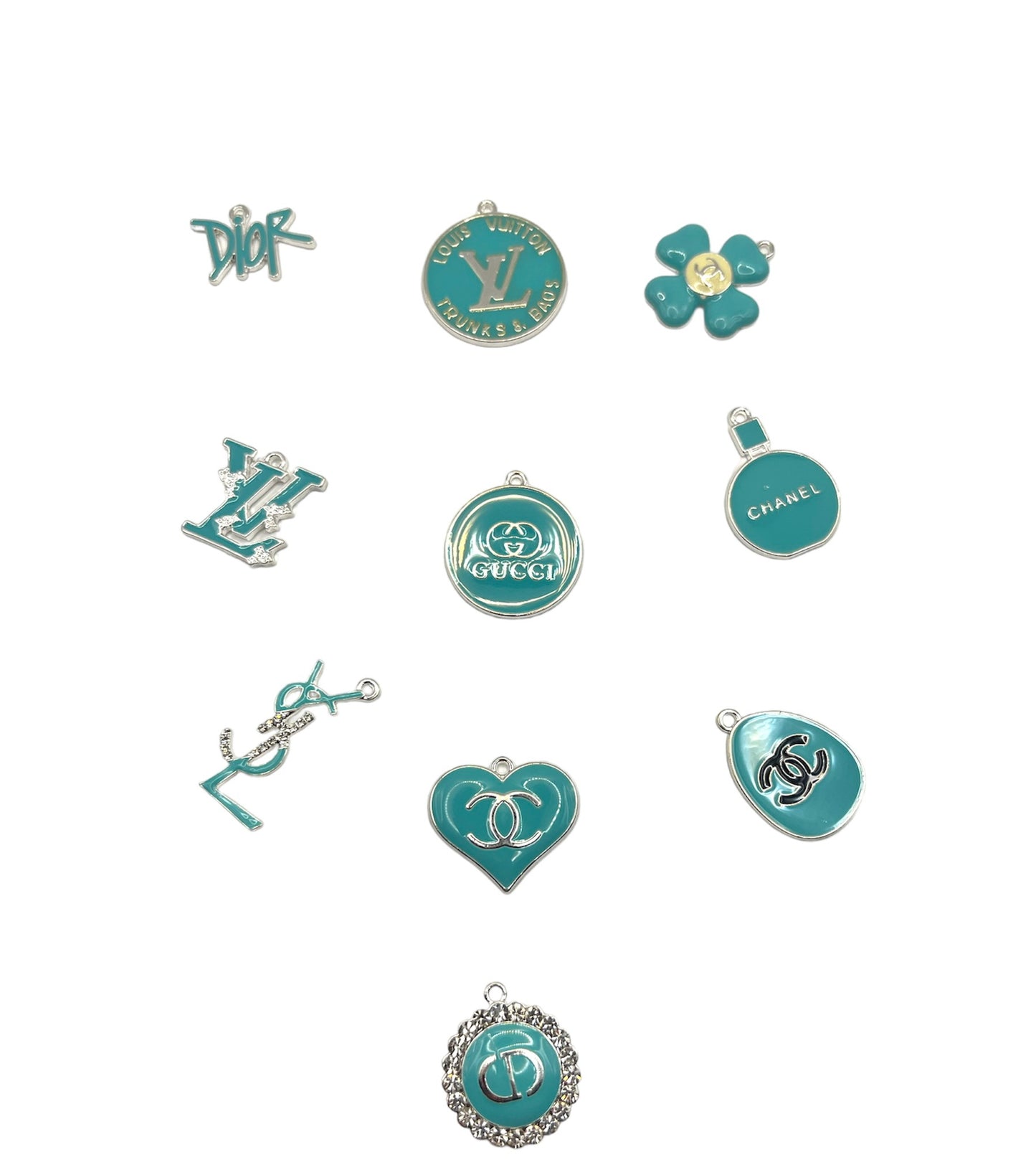 Teal Perfume Charm Set Charms Trimmed in Silver-Comes With 10 Charms