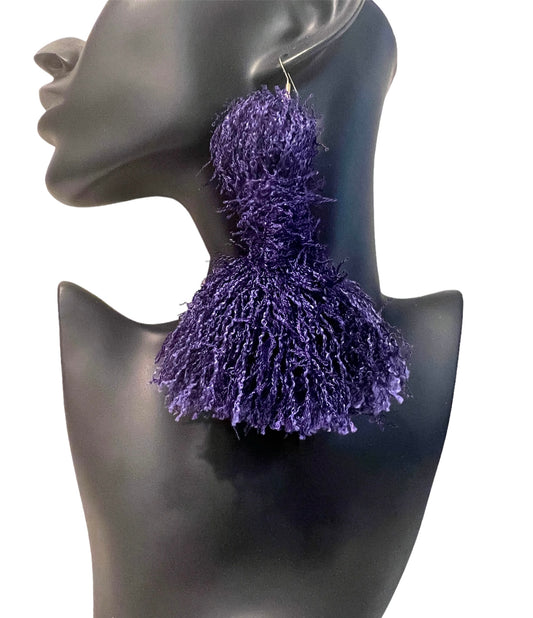 Purple Passion Distressed Yarn Tassel  Earring