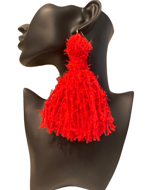 Roaring Red Distressed Yarn Tassel Earring